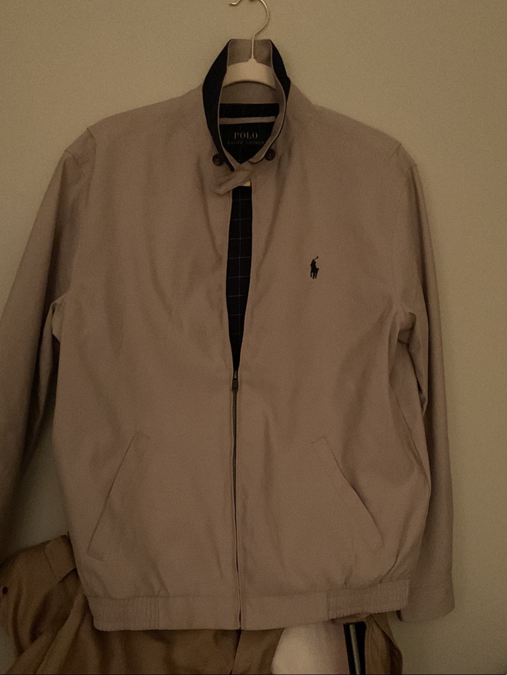 Polo by Ralph Lauren Beige Zip-Up bi swing jacket with Navy Trim at collar